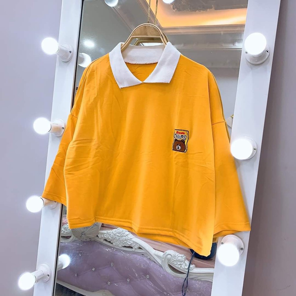 áo croptop polo màu vàng thêu gâu xinh