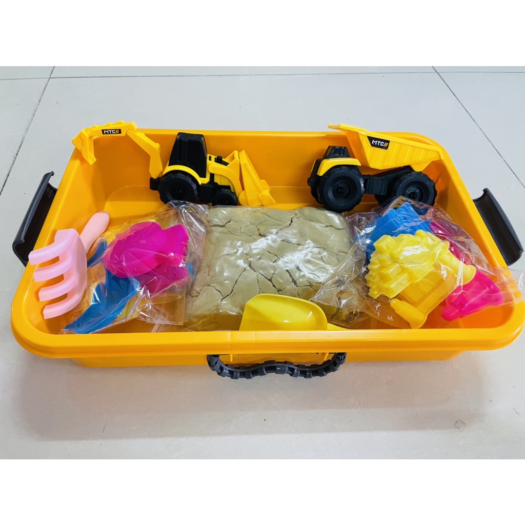 Hộp cát động lực sinh học không dính tay cho bé tặng kèm 2 xe công trình, xẻng và khuôn, cát nặn sinh học