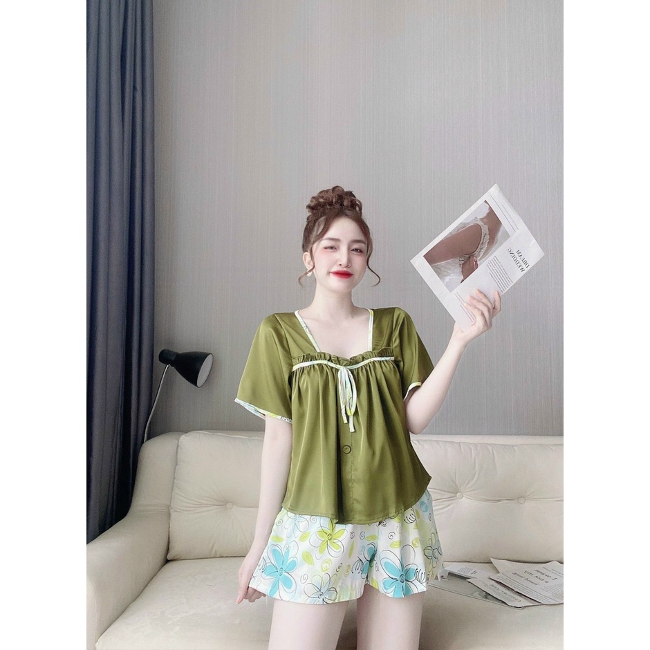 🎀 Vải xịn 🎀  Đồ bộ Đồ mặc nhà Đồ ngủ sleepwear hai dây đùi phối cột nơ dễ thương