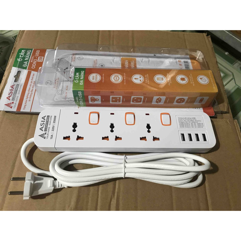Ổ cắm đa năng màu trắng 3 ổ liền dây 3m, TÍCH HỢP CỔNG USB - ASIA Lighting