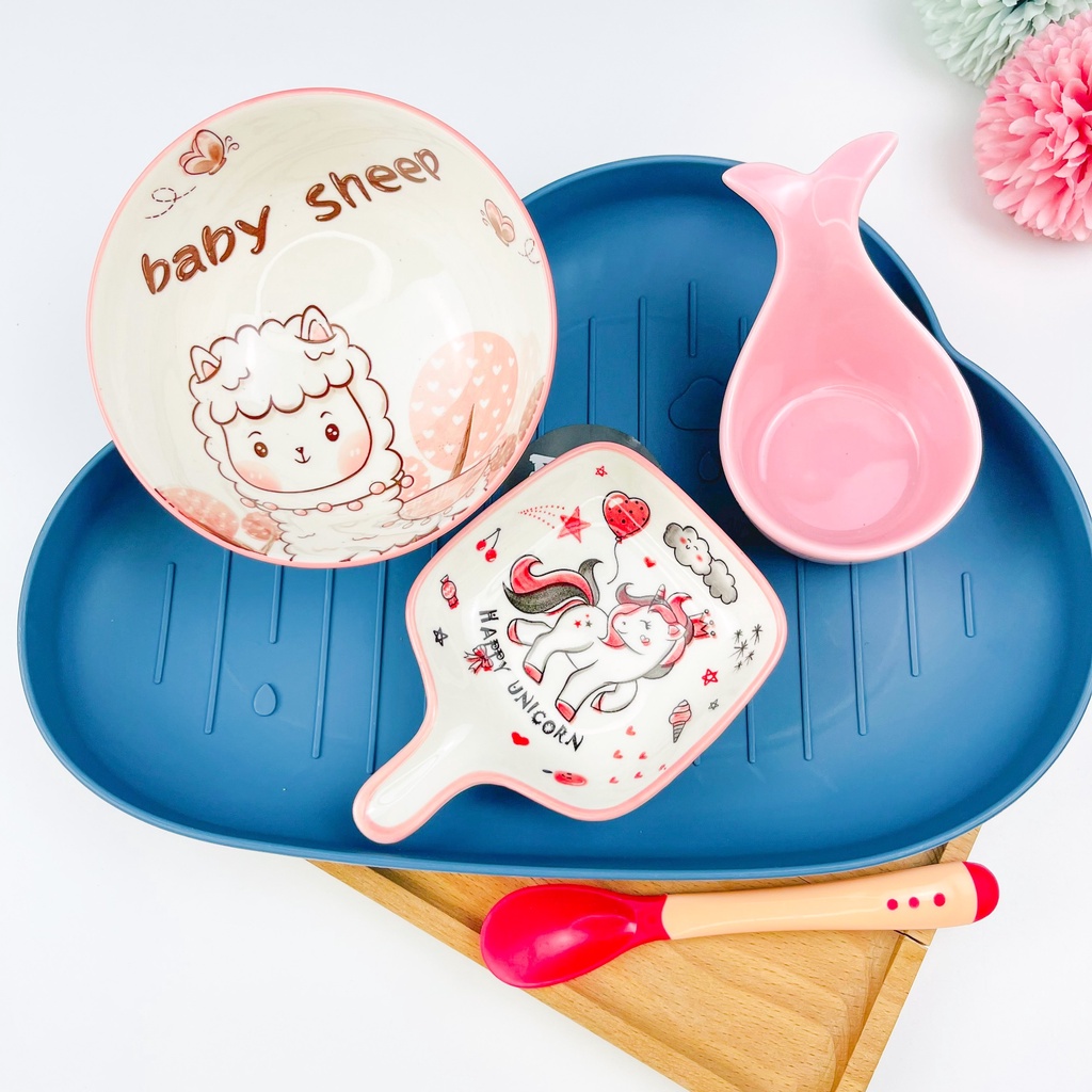 Bộ Bát Sứ Ăn Dặm Cho Bé Từ 5 Tháng Kiểu Nhật Đủ Màu Gồm Khay Bát Thìa Báo Nóng Gốm Sứ Cao Cấp Babyducky Store