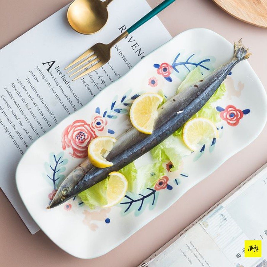 Đĩa chữ nhật bằng sứ họa tiết hoa quả mùa xuân – Dùng cho bàn ăn và decor [Hàng sẵn]