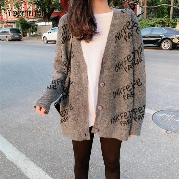 Áo Cardigan Tay Dài Cổ Chữ V Form Rộng Theo Phong Cách Hàn Quốc