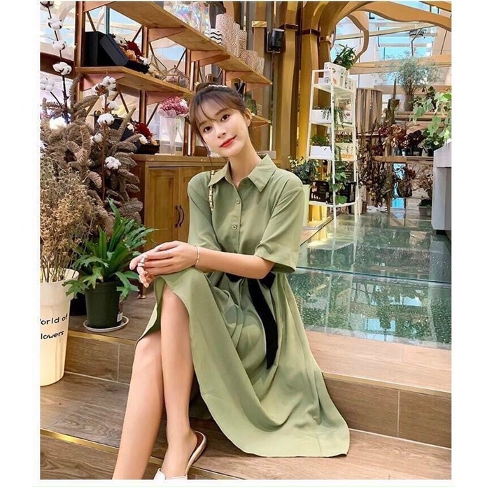 Váy sơ mi xanh nơ đen cực xinh, size 40-70kg Váy bầu công sở siêu xinh quà tặng đi chơi du lịch đi làm đều ok