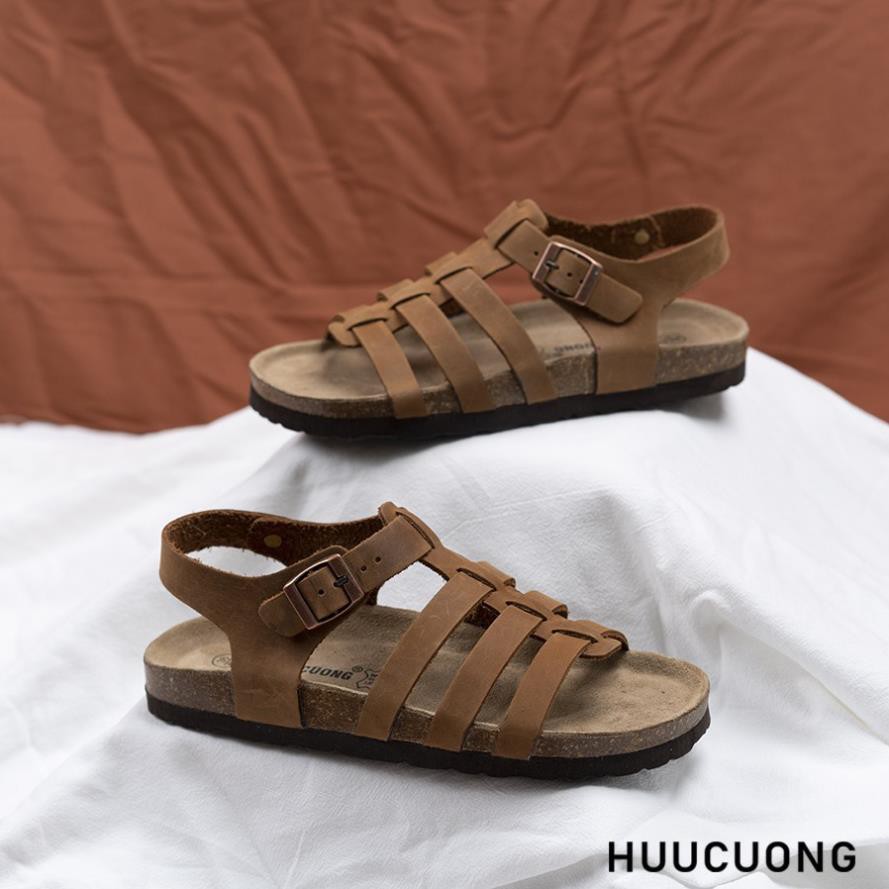 Giày Sandal Unisex Chiến Binh HUUCUONG Quai Da Thật Màu Nâu Đế Trấu