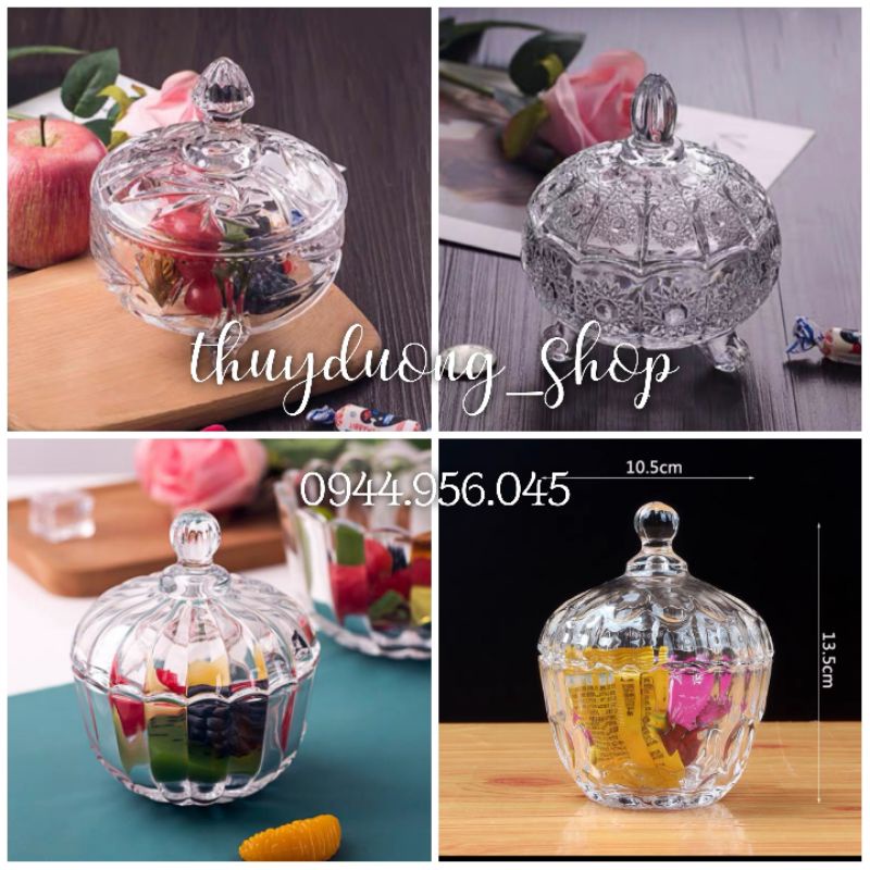 Hũ/ thố / lọ thủy tinh đựng mứt, hạt, bánh kẹo.
