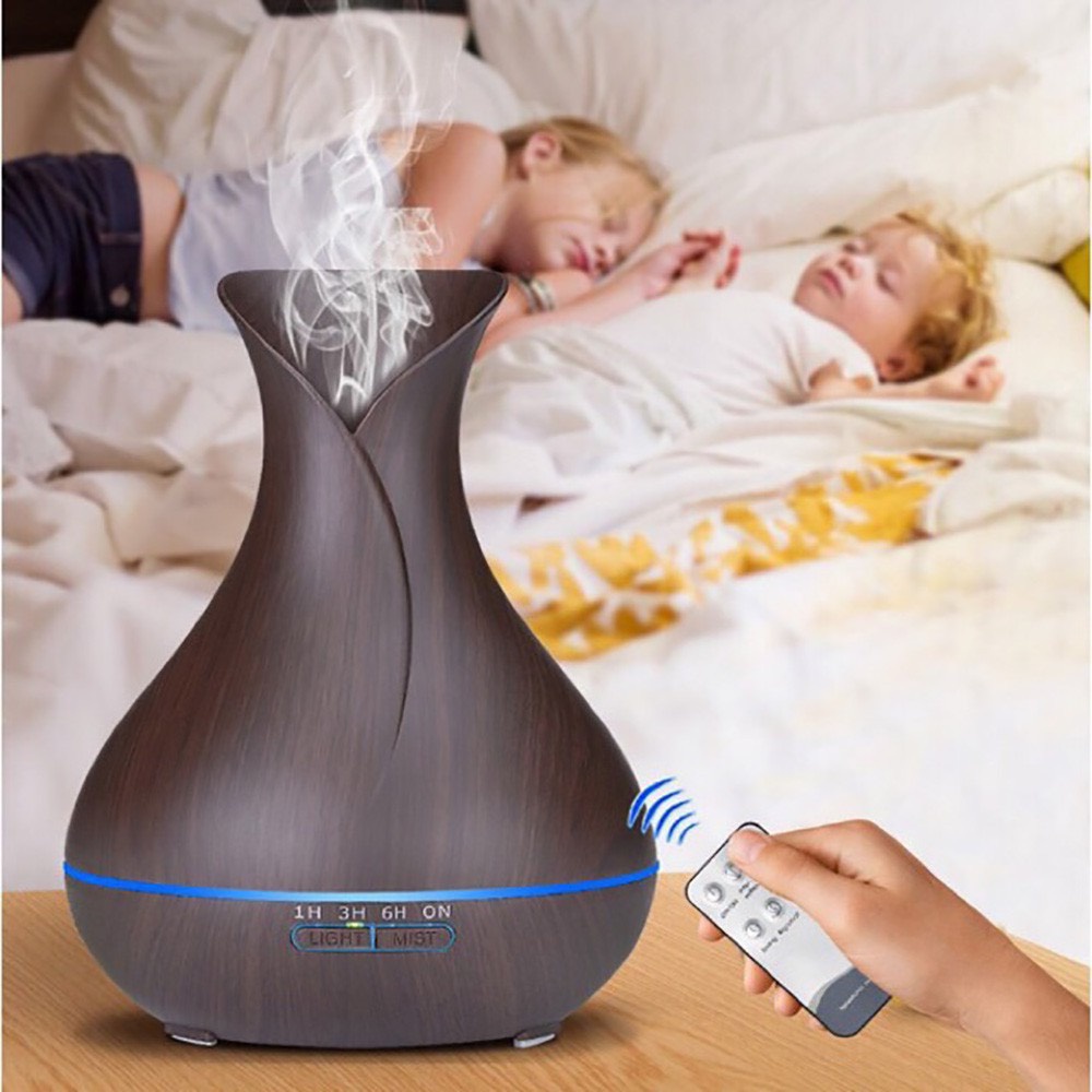 Máy xông tinh dầu VÂN GỖ 550ml  nhà cửa, Spa phun liên tục 14h