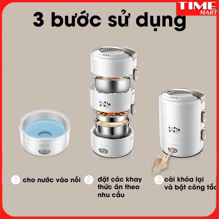 Hộp cơm hâm nóng điện 3 tầng tiện lợi YOICE TRẮNG khay inox 304 không rỉ 270W - 2 Lít hâm nóng nhanh [TIME-MART]