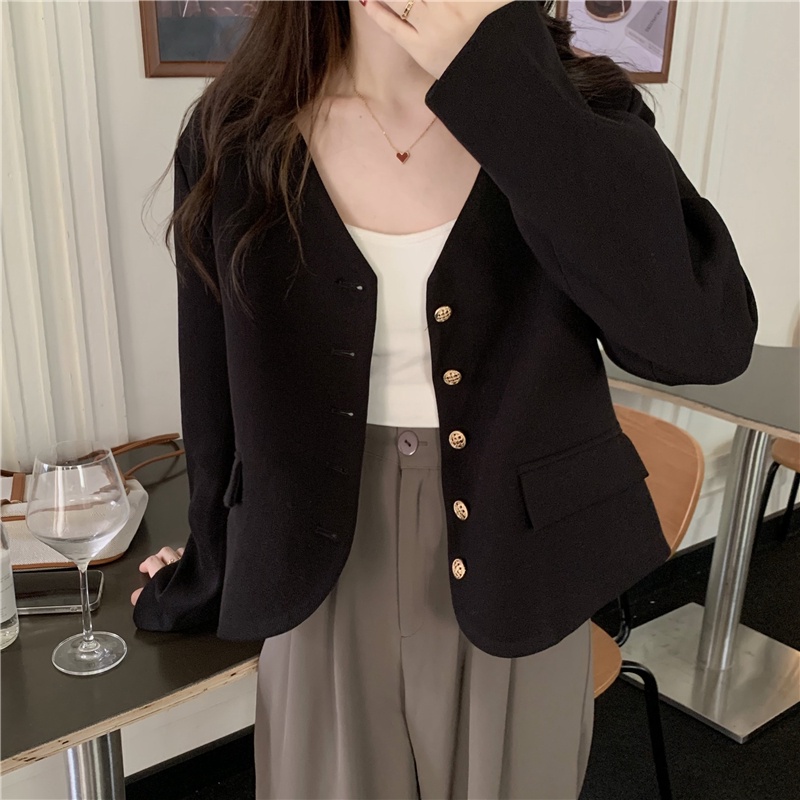Áo Khoác Blazer Cổ Chữ V Màu Trơn Cài Khóa Vàng Phong Cách Retro Pháp 56815