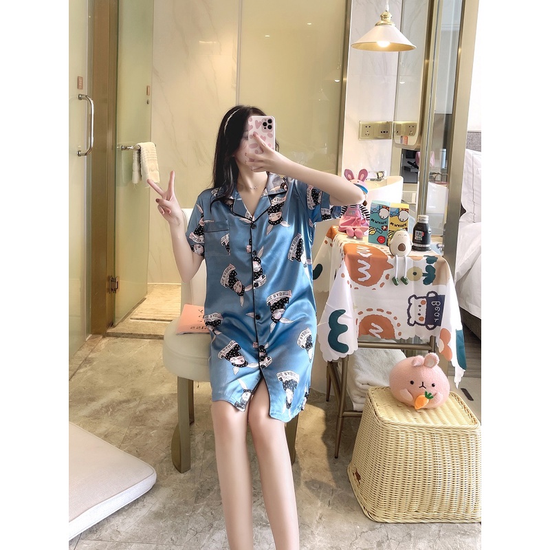 Đầm Ngủ Ngắn Tay In Họa Tiết Hoạt Hình Phong Cách Hàn Quốc Cho Nữ