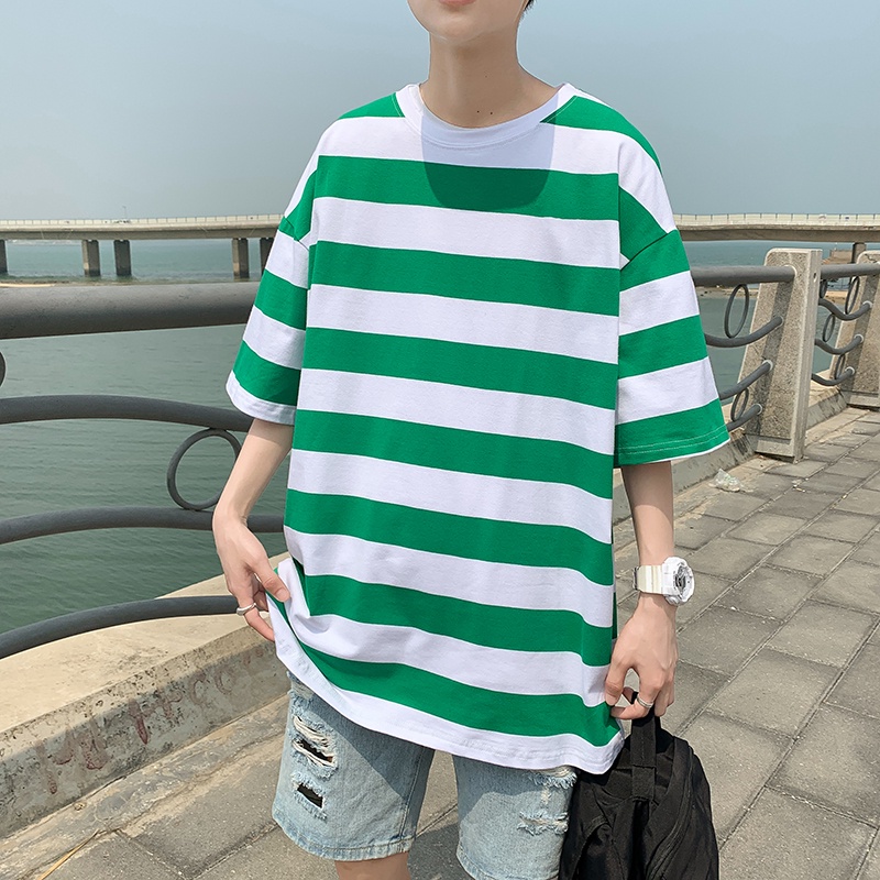 Áo Thun Thể Thao plus size Tay Ngắn Dáng Rộng Kẻ Sọc Phong Cách Hàn Quốc Cho Nam
