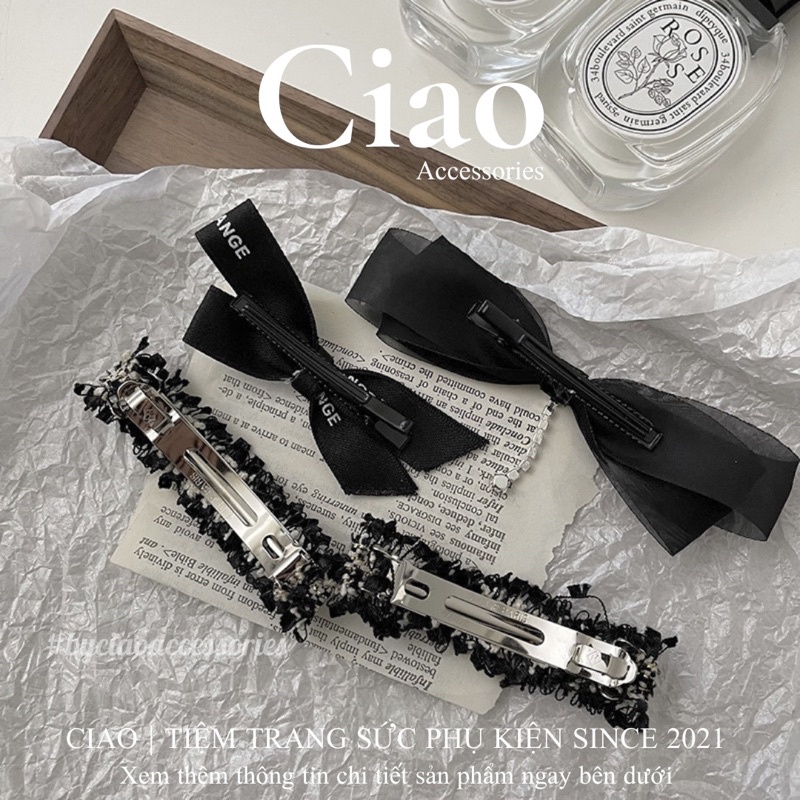 [HOẢ TỐC 1H] Kẹp tóc/ Phụ kiện tóc vải tweed đính charm mã gam đen 22 sang trọng Ciao accessories
