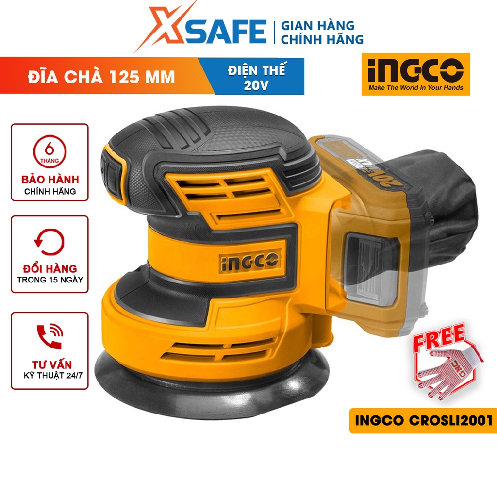Máy chà nhám tròn dùng pin INGCO CROSLI2001 20V, đĩa chà 125mm, kèm 5 miếng chà nhám, không kèm pin sạc - chính hãng