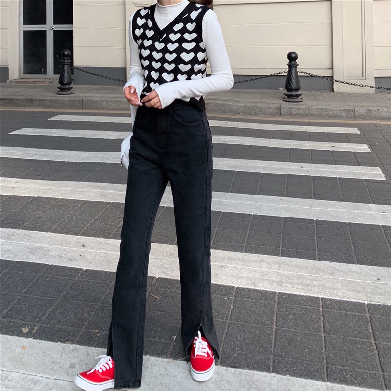 Quần jeans Nữ Dài Lưng Cao Ống Rộng Thời Trang Hàn