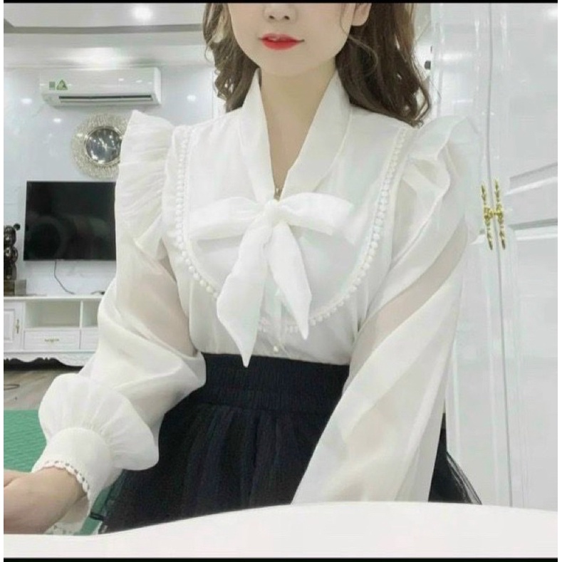 Áo sơ mi kiểu voan nữ buộc nơ 2 lớp tiểu thư sang chảnh THƠM PHẠM SHOP