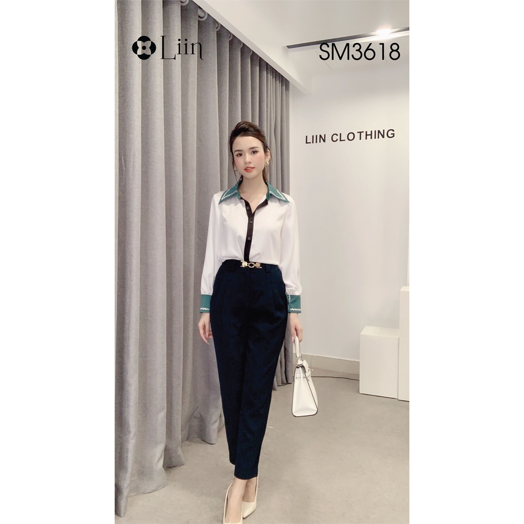 Áo sơ mi nữ màu Trắng phối Cổ Xanh form công sở thời thượng Liin Clothing SM3618