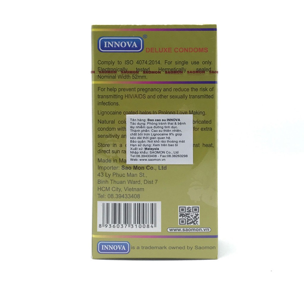 Bao cao su Innova Vàng Gân Gai Kéo dài thời gian Lignocaine 9% Hộp 12 cái CON033