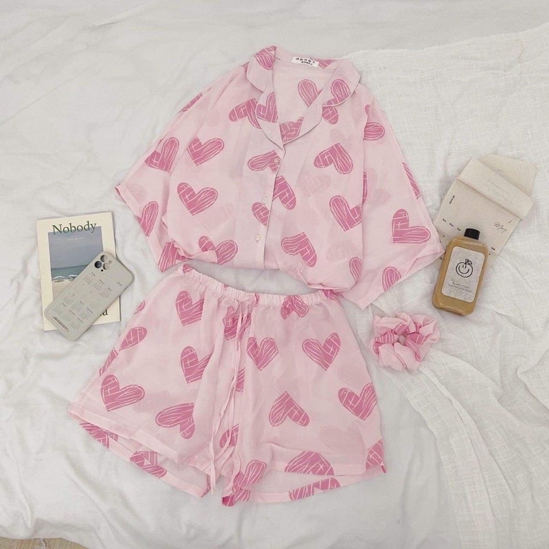 Bộ đồ ngủ pijama nữ cộc tay quần đùi chất lụa Kate Thái mềm mịn màu họa tiết - CD0017
