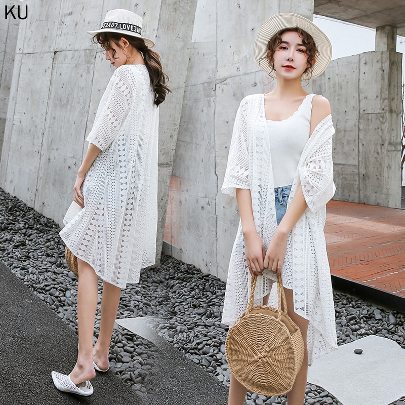 Áo khoác cardigan ren mỏng dáng dài phong cách Bohemian thời trang mùa hè 2021 cho nữ
