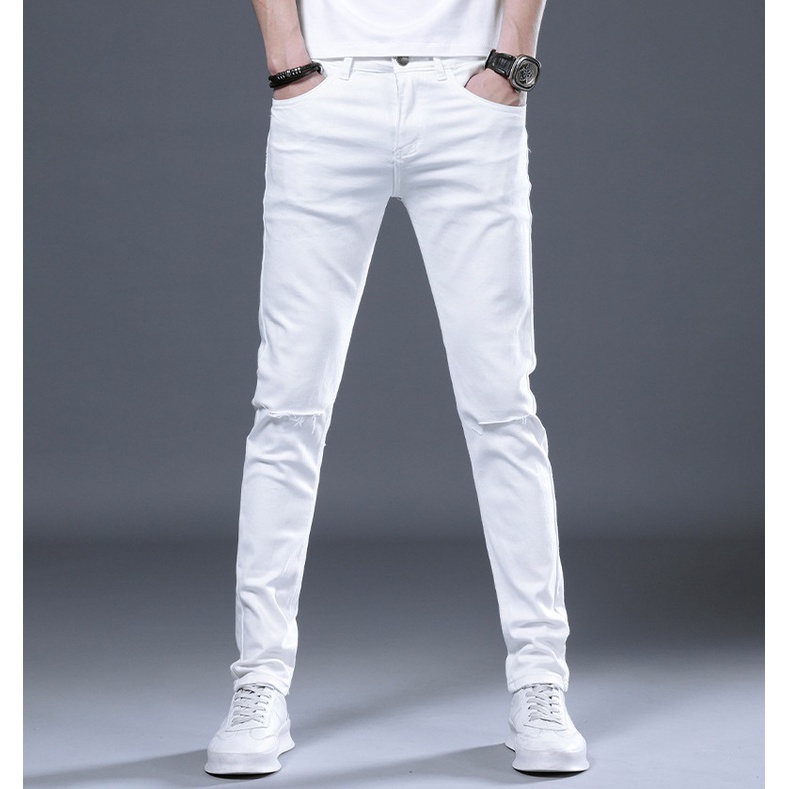 quần jean trắng nam rách gối co giãn slimfit 2022 Pon.mens