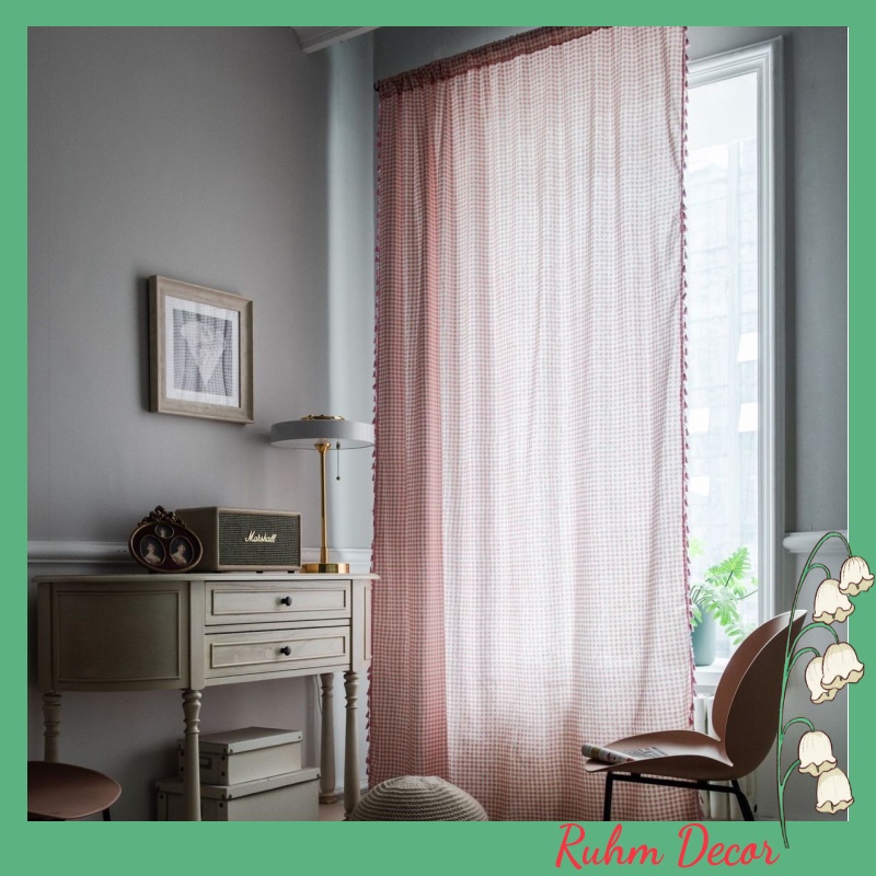 Rèm cửa đẹp vải bố linen trang trí nhà cửa phòng tiểu thư homestay giá tốt - họa tiết Caro hồng R-B06
