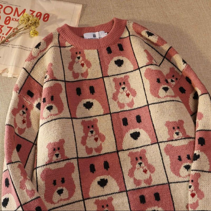 ÁO LEN NAM NỮ UNISEX SIÊU MỀM HÌNH GẤU HỒNG NÂU FROM RỘNG / ÁO LEN DỆT CAO CẤP GIỮ NHIỆT DÁNG THỤNG CUTE