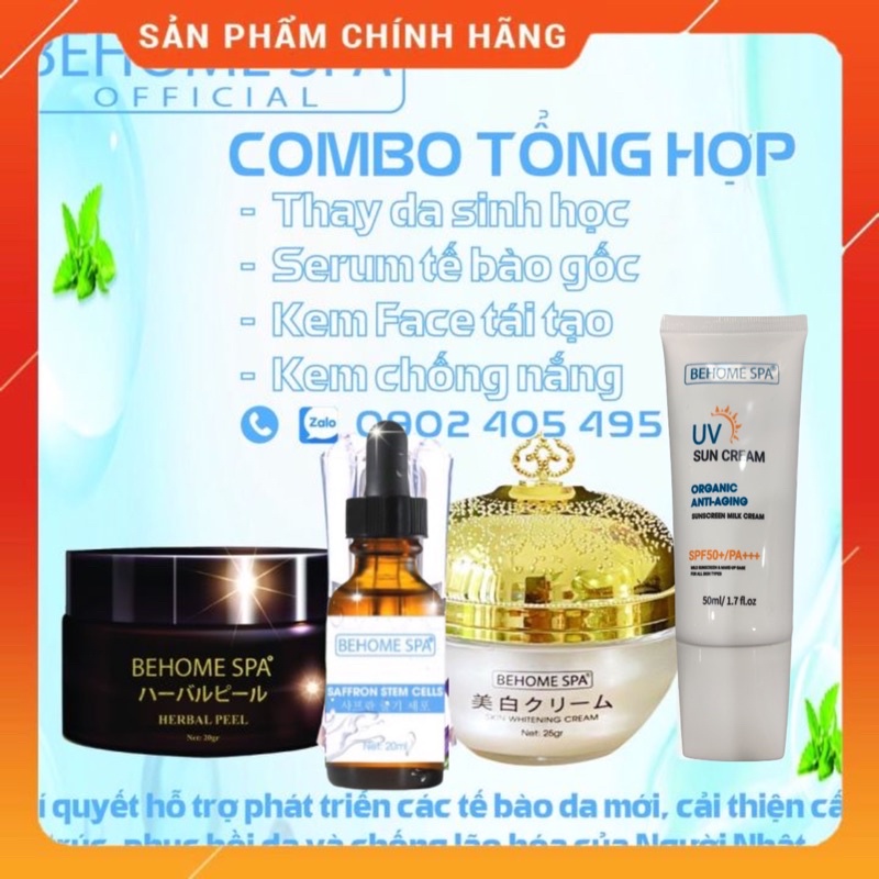 COMBO TỔNG HỢP  FACE TÁI TẠO TRẮNG DA, PEEL DA SINH HOC, SERUM TẾ BÀO GỐC, KEM SỮA CHỐNG NẮNG BEHOME SPA  TỪ NHẬT BẢN