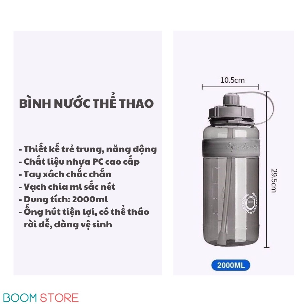 Bình nước thể thao 2 lít có ống hút chia vạch bằng nhựa cute Boom Store