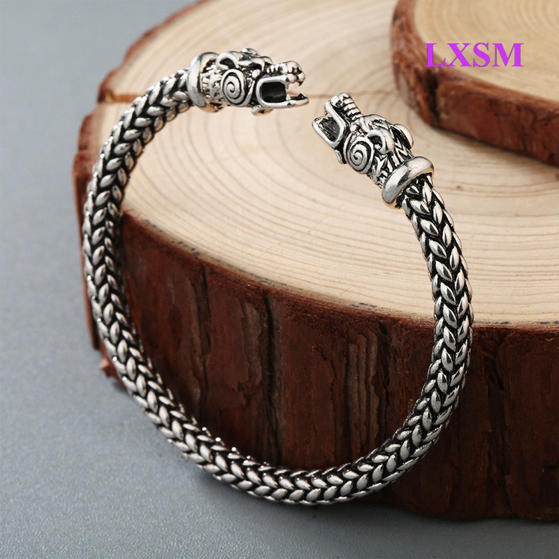 Lxsm Vòng Tay Dạng Hở Co Giãn Hình Hai Đầu Rồng Phong Cách Viking Có Thể Điều Chỉnh Dành Cho Nam
