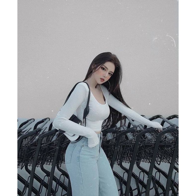 Áo Croptop Tay Dài Cổ Vuông Màu Trơn Co Giãn Phong Cách Hàn Quốc | BigBuy360 - bigbuy360.vn