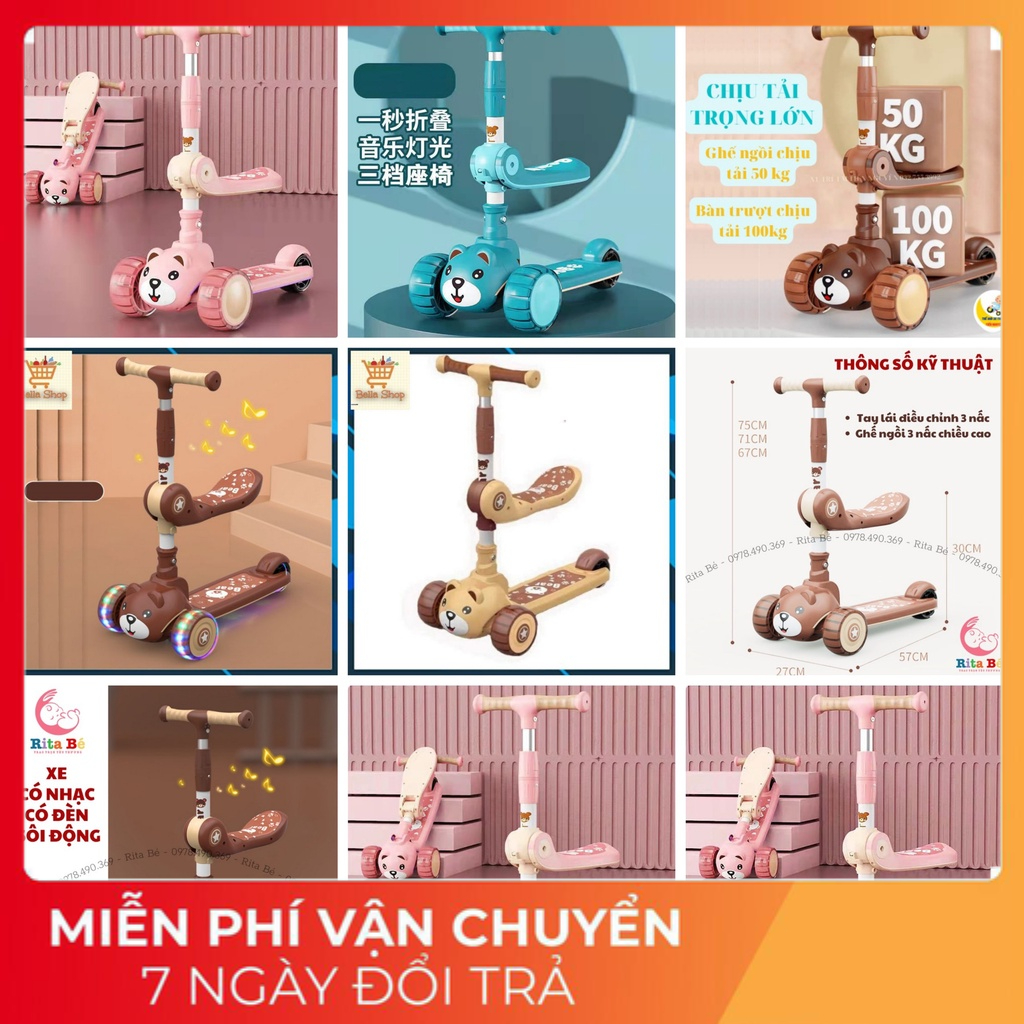 Xe Scooter Cho Bé Hình Gấu Bear Có Nhạc Và Đèn Phát Sáng, Bảo Hành 1 Đổi 1, Xe Trượt Scooter Cho Bé Chòi Chân8