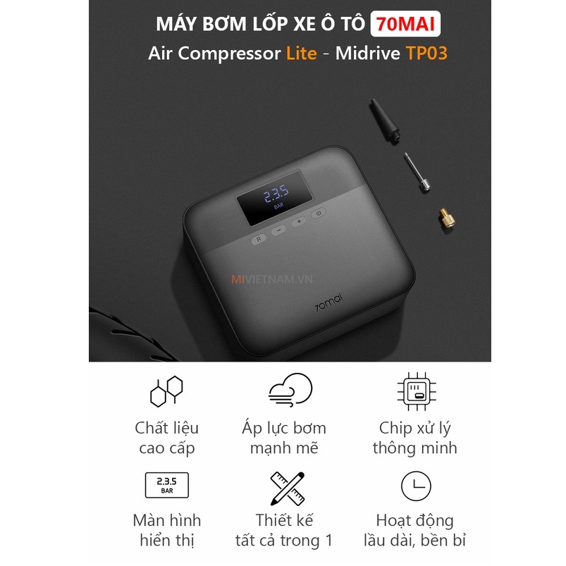 Máy bơm lốp xe ô tô Xiaomi Youpin 70MAI Midrive TP03 - Bơm cầm tay đa năng Xiaomi 70mai Chính Hãng