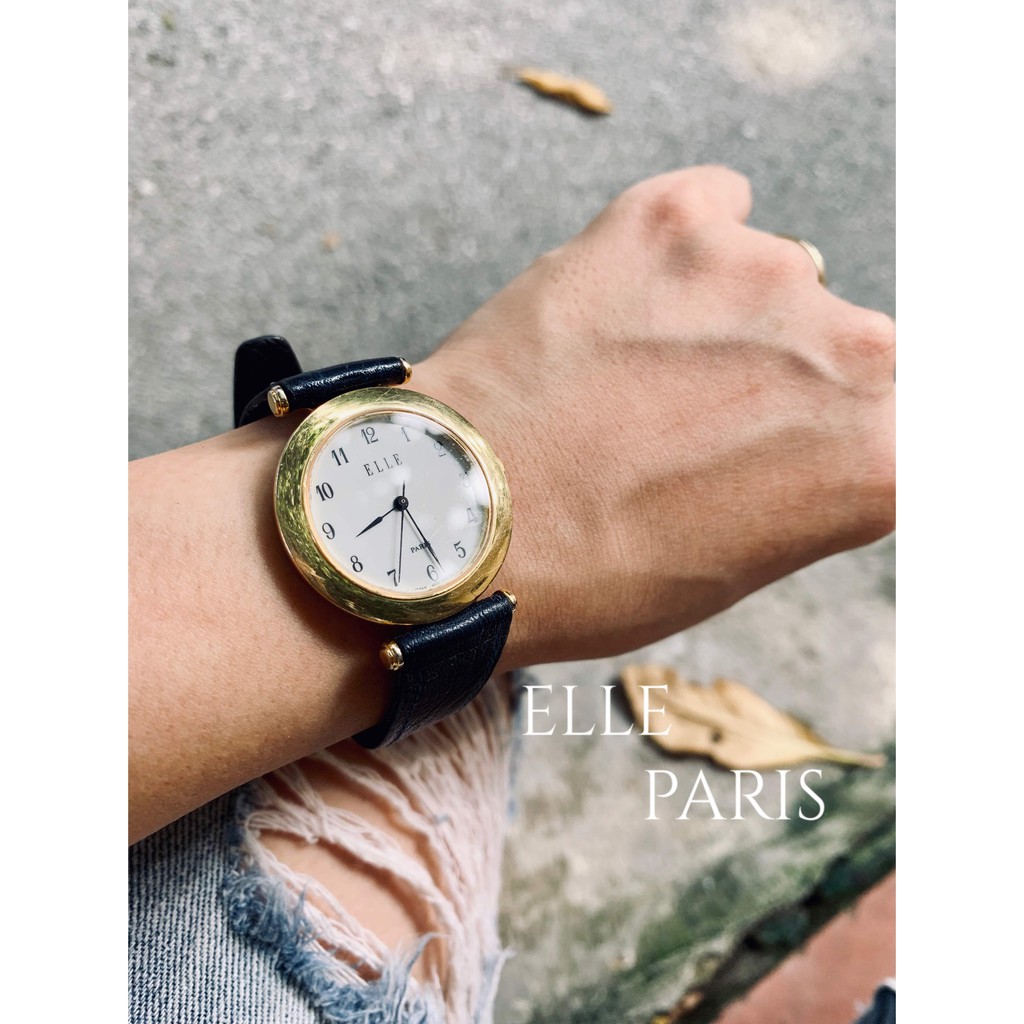 Đồng hồ dây da mạ vàng nữ hiệu Ellle-Pháp