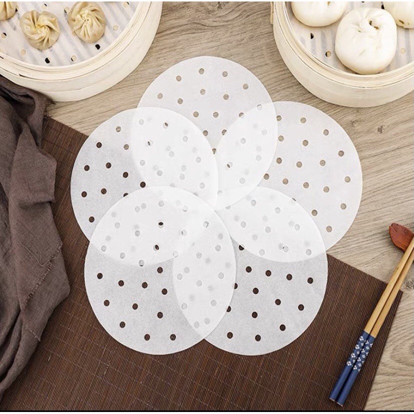 Set 100 tờ giấy nến đục lỗ dùng cho nồi chiên không dầu, xửng hấp bánh