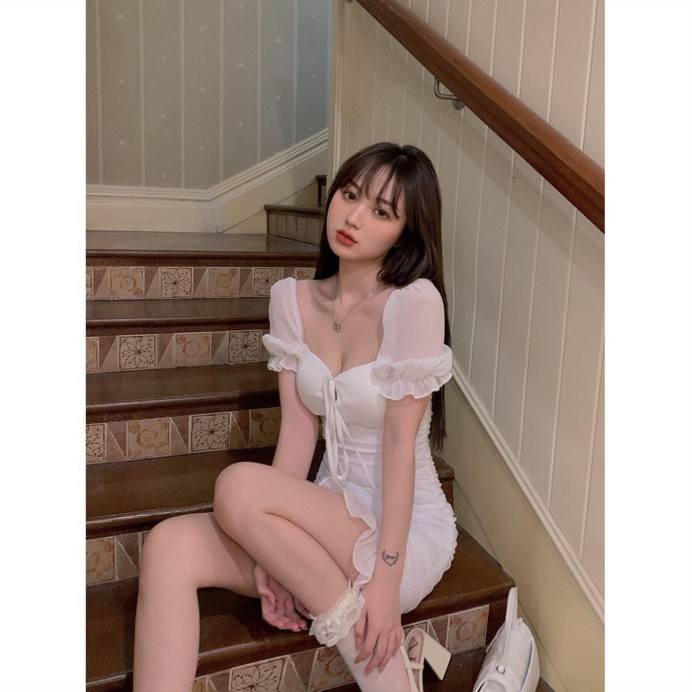 Đầm tay phồng màu trắng nữ tính thanh lịch thời trang mùa hè 2021 cho nữ