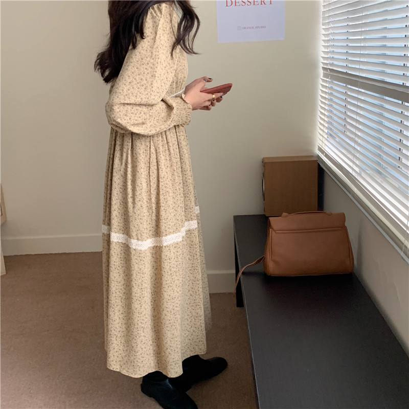 Đầm chiffon Peppermint 38705 tay dài cổ tròn in hoa phong cách retro độc đáo
