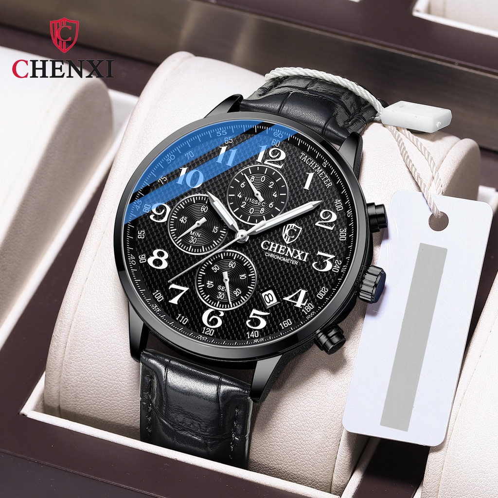 Đồng hồ nam 6 kim có lịch ngày CHENXI dây da thời trang cao cấp chống nước, Đồng hồ cao cấp chống xước chính hãng DH01