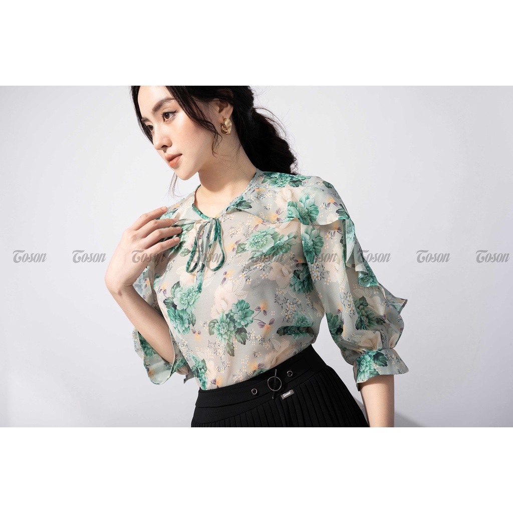 Áo sơ mi tơ hoa xanh, tay liền can bèo cá tính - TOSON - 14522X11