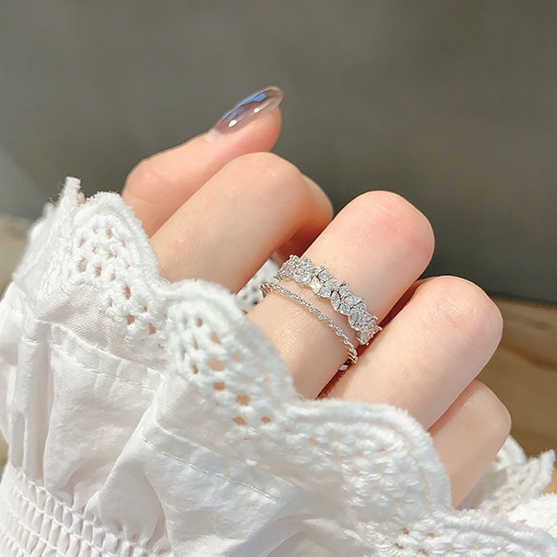 Nhẫn Hở Hình Chiếc Lá Hai Lớp Màu Bạc Đính Đá Zircon Phong Cách Hàn Quốc