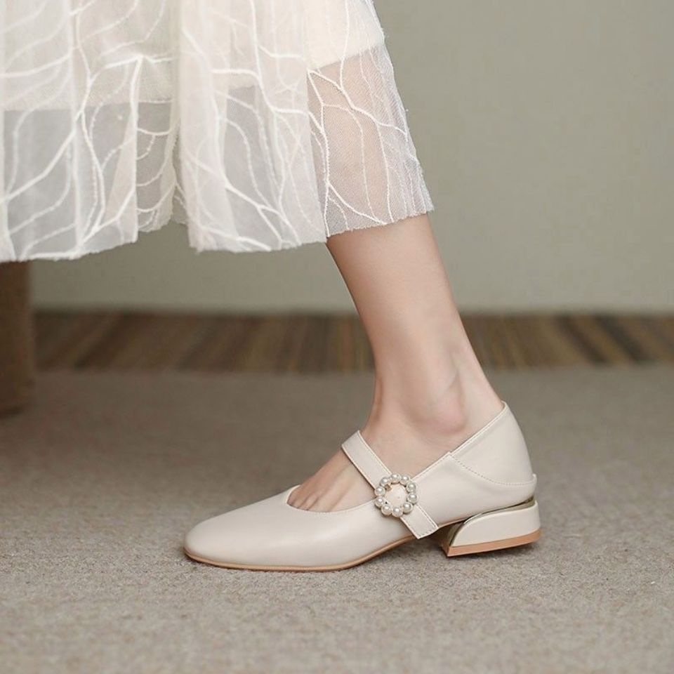 Giày sandal IELGY Mary Jane bằng da mềm mũi vuông gót thấp thời trang cho nữ
