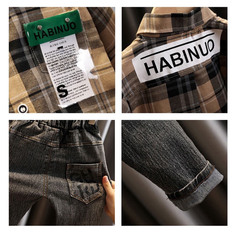 HÀNG QUẢNG CHÂU CAO CẤP Bộ sơ mi cho bé trai cực sành điệu, áo cotton thấm mồ hôi, quần jean mềm Hongvybaby