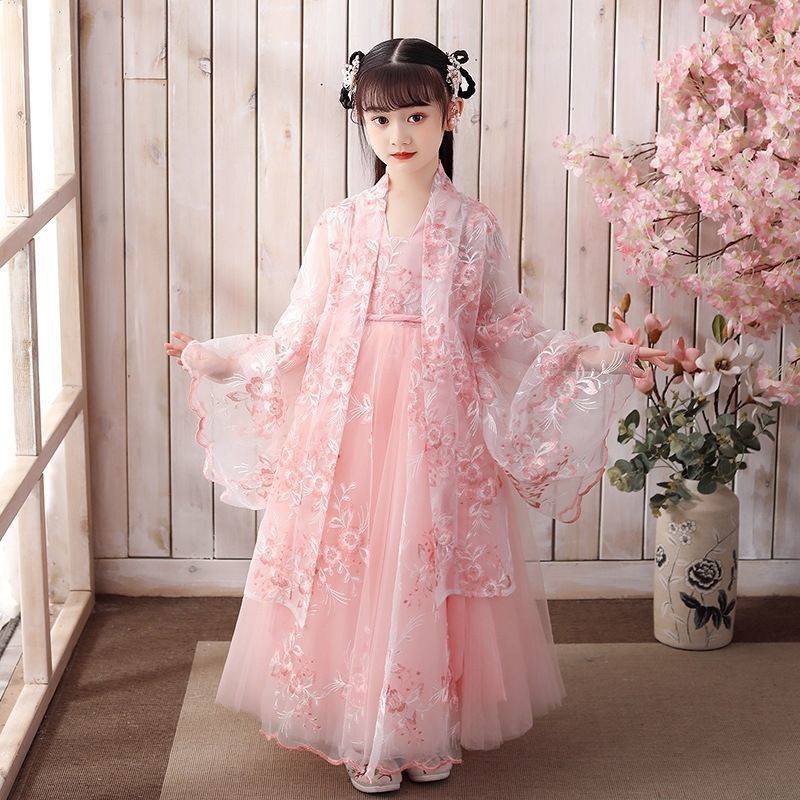 Hanfu cô gái cải thiện trang phục Hanfu trẻ em phù hợp với nữ mùa hè cuộn bột phong cách Trung Quốc Super Fairy Tiểu học