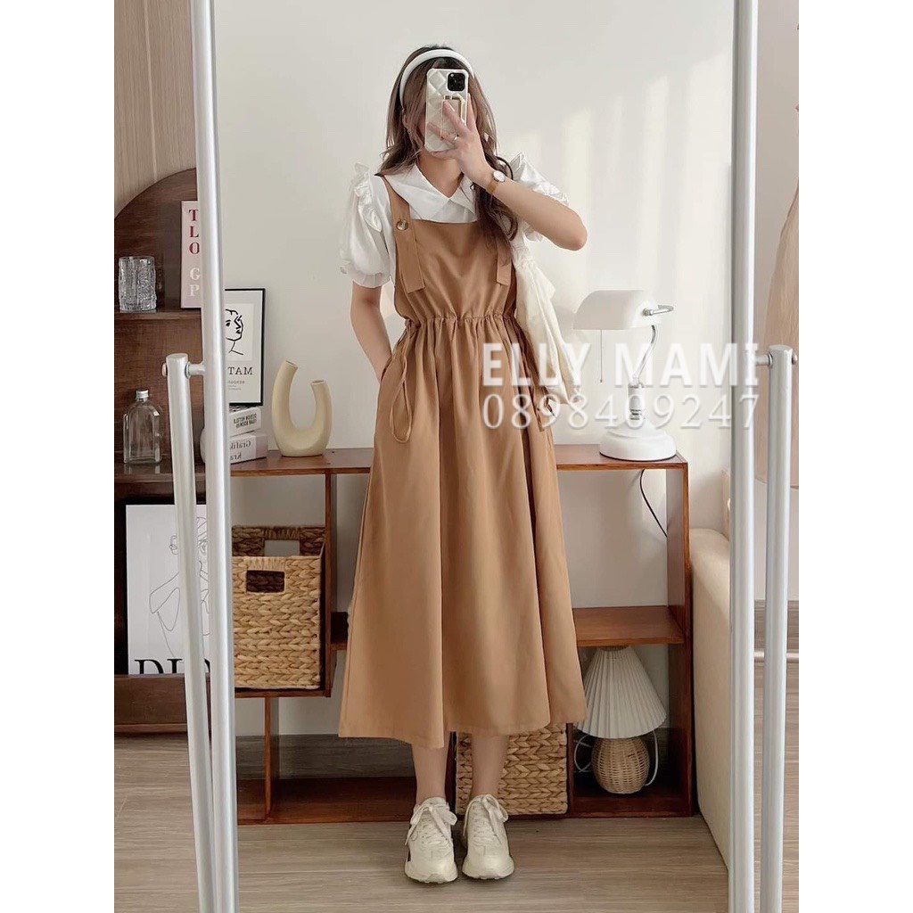 ( 40kg - 85kg ) Set Yếm Bầu , Suông Cúc Sơmi Tay Phồng From Dễ Mặc Thoải Mái Suốt Thai Kì &amp; Sau Sinh ( Yếm + Áo )