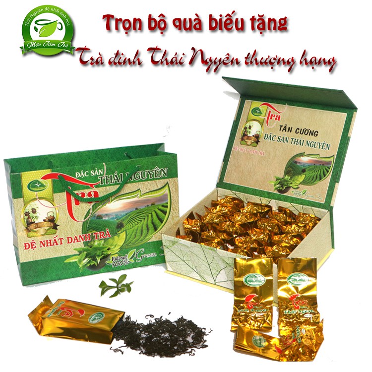 [BỘ SẢN PHẨM QUÀ BIẾU TRÀ THÁI NGUYÊN] chính hiệu trà Tân Cương -Thái Nguyên ( 20 tép trà đinh + hộp đựng + túi quà )