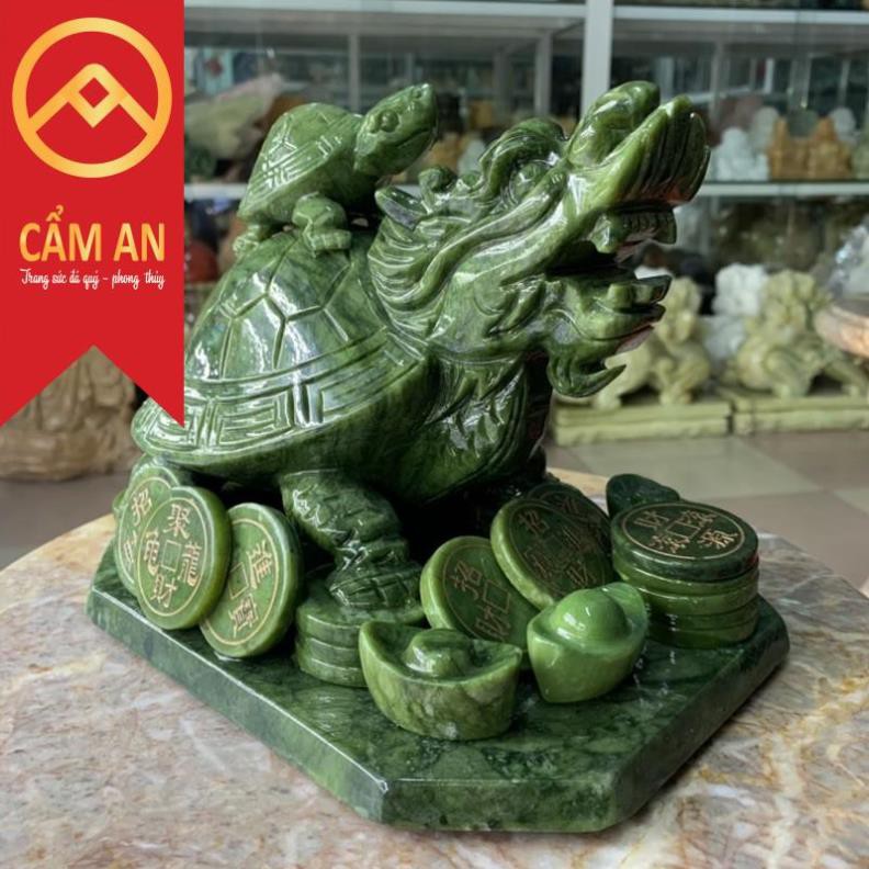 Tượng Long Quy ( Rùa đầu rồng ) cõng con phong thủy đá ngọc Serpentine Ấn độ - Dài 22 cm