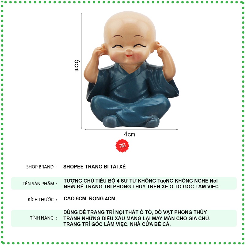 Tượng chú tiểu bộ 4 sư tứ không tượng không nghe nói nhìn để trang trí phong thủy trên xe ô tô góc làm việc - CT4