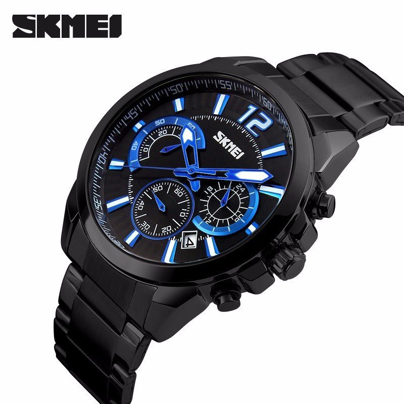 Đồng hồ nam SKMEI chạy 6 kim mặt tròn 46mm dây thép kim loại không ghỉ có lịch ngày chống xước chống nước tuyệt đối 9108