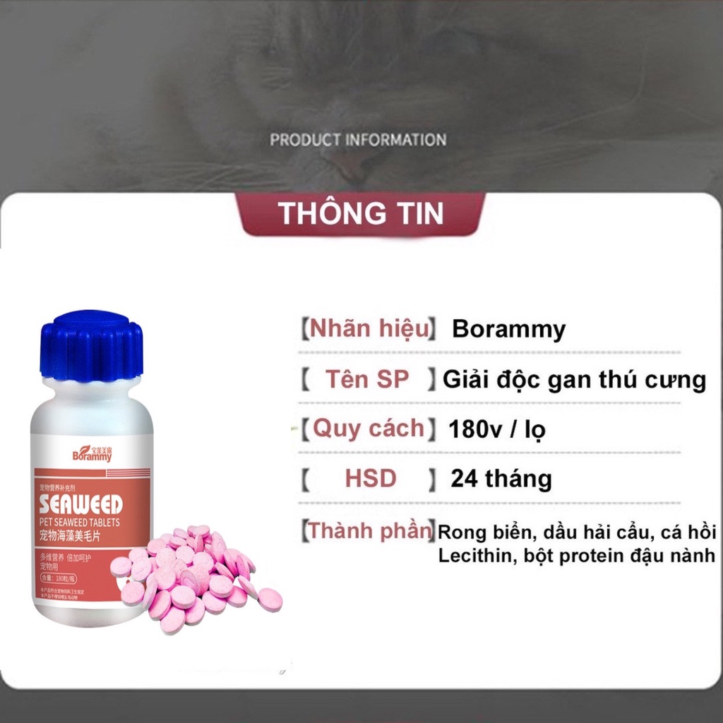 Giải độc gan, thận, bổ máu đẹp lông cho chó mèo Borammy 180v - giúp tăng trưởng và tăng sức đề kháng cho thú cưng