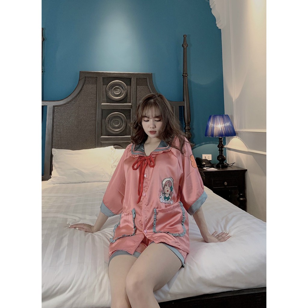 Đồ ngủ Vic's tay ngắn quần cộc lụa satin - Bộ đồ mặc nhà kiểu pijama hoạt tiết sang trọng L201