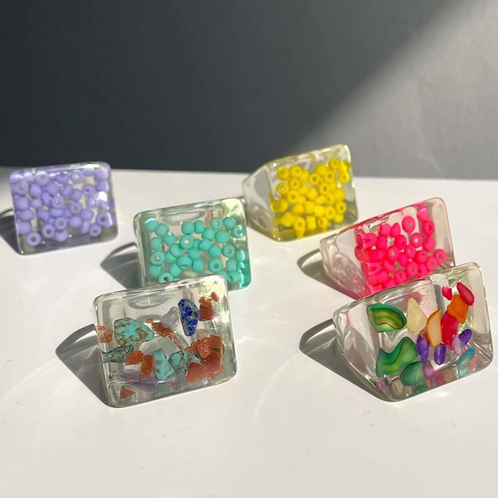 Qqmall Nhẫn Resin Trong Suốt Đính Hạt Cườm Hình Học Kích Thước Lớn|Trang Sức Thời Trang